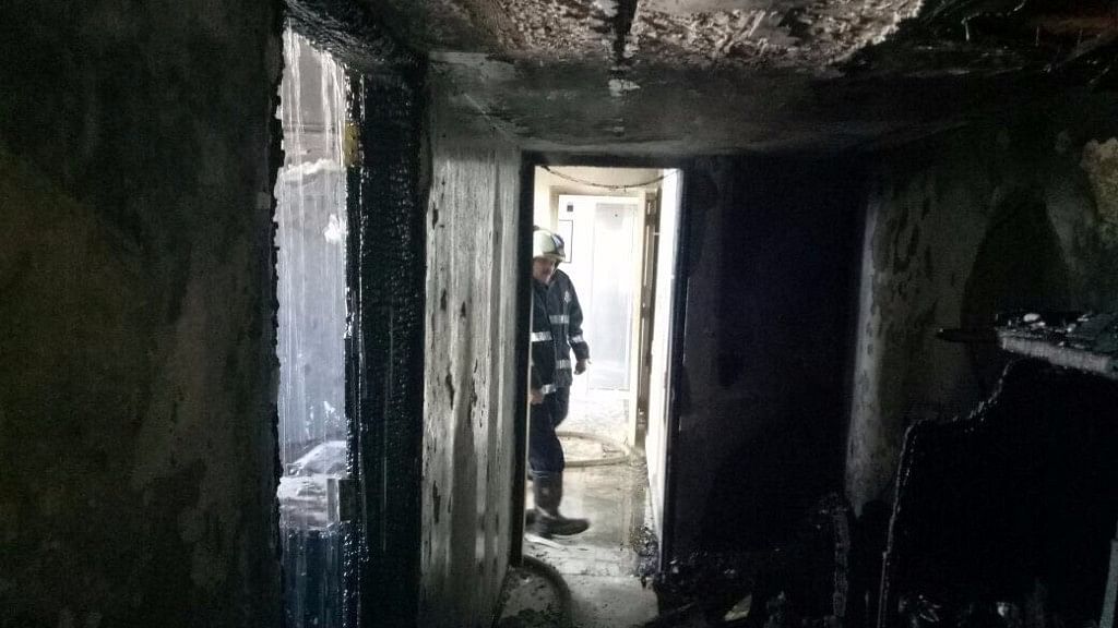 Fire-fighters entering the 13th floor after the outbreak of the fire.&nbsp;