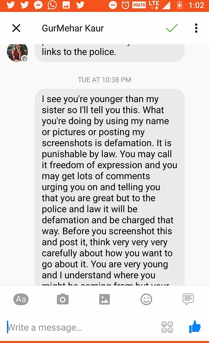 Gurmehar’s message to Squint Neon’s admin.