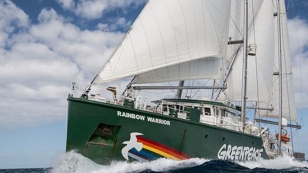 Greenpeace Organisation’s Rainbow Warrior heads out for a campaign.