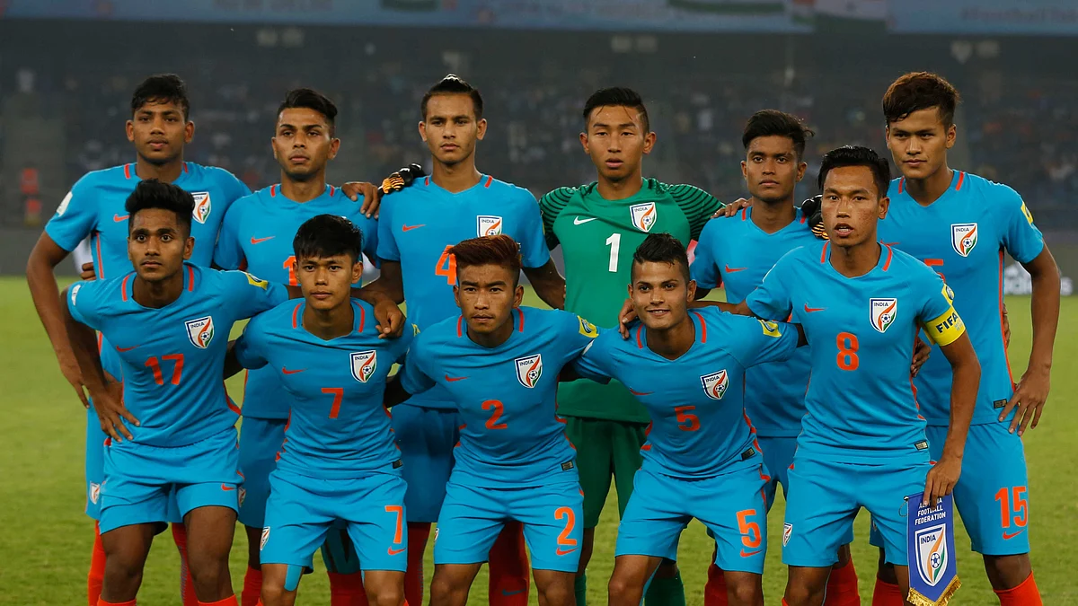 India’s team poses for a group photo ahead of their FIFA U-17 World Cup match against Colombia in New Delhi, India, Monday, Oct. 9, 2017.