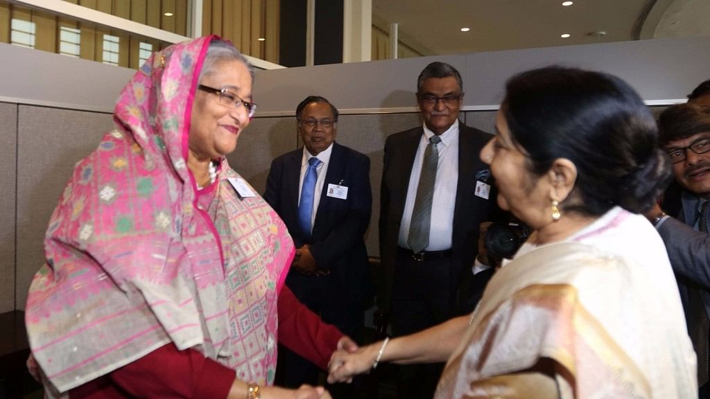 File image of Bangladeshi Prime Minister Sheikh Hasina and EAM Sushma Swaraj.&nbsp;