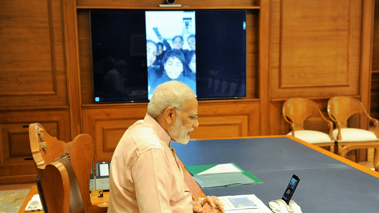 PM Modi on video call with crew of INSV Tarini. <i>(Photo: ANI)</i>