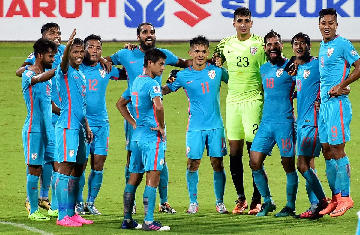 Indian Football players celebrates after they beat Macau by 4-1 during the AFC Asian cup qualifier match at Kanteerava Stadium in Bengaluru on Wednesday. 
