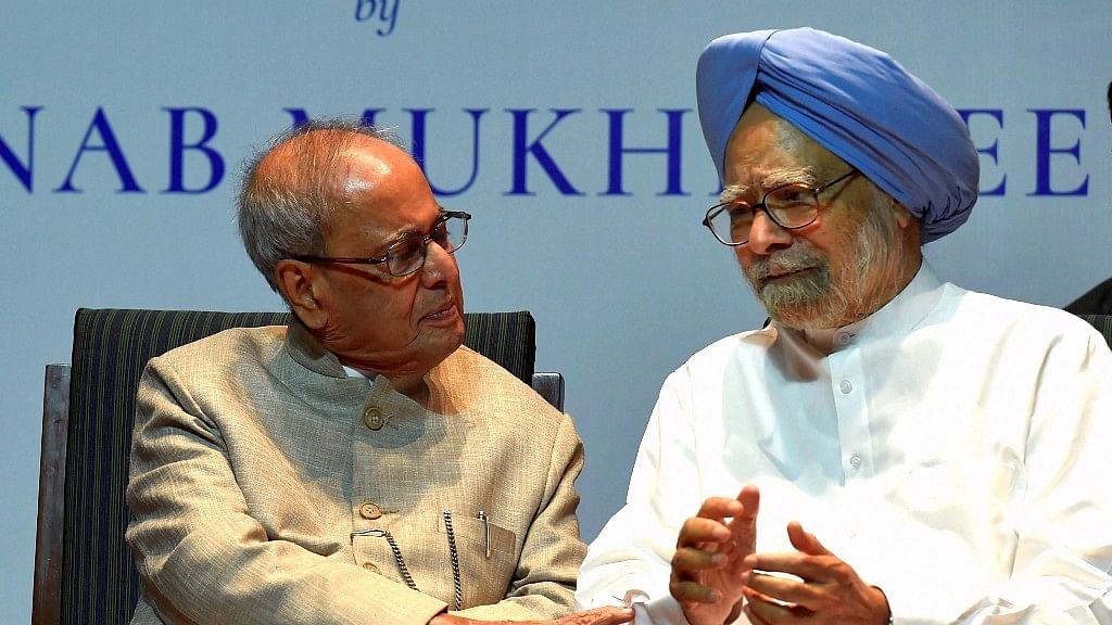 Former President Pranab Mukherjee with former prime minister Manmohan Singh at the release of his book, ‘The Coalition Years’ at a function in New Delhi on Friday.