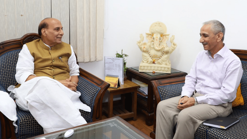 Home Minister Rajnath Singh with Dineshwar Sharma, Government of India’s interlocutor for Jammu and Kashmir.