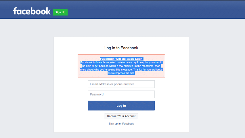 Facebook is down for maintenance. (Screenshot: Facebook)