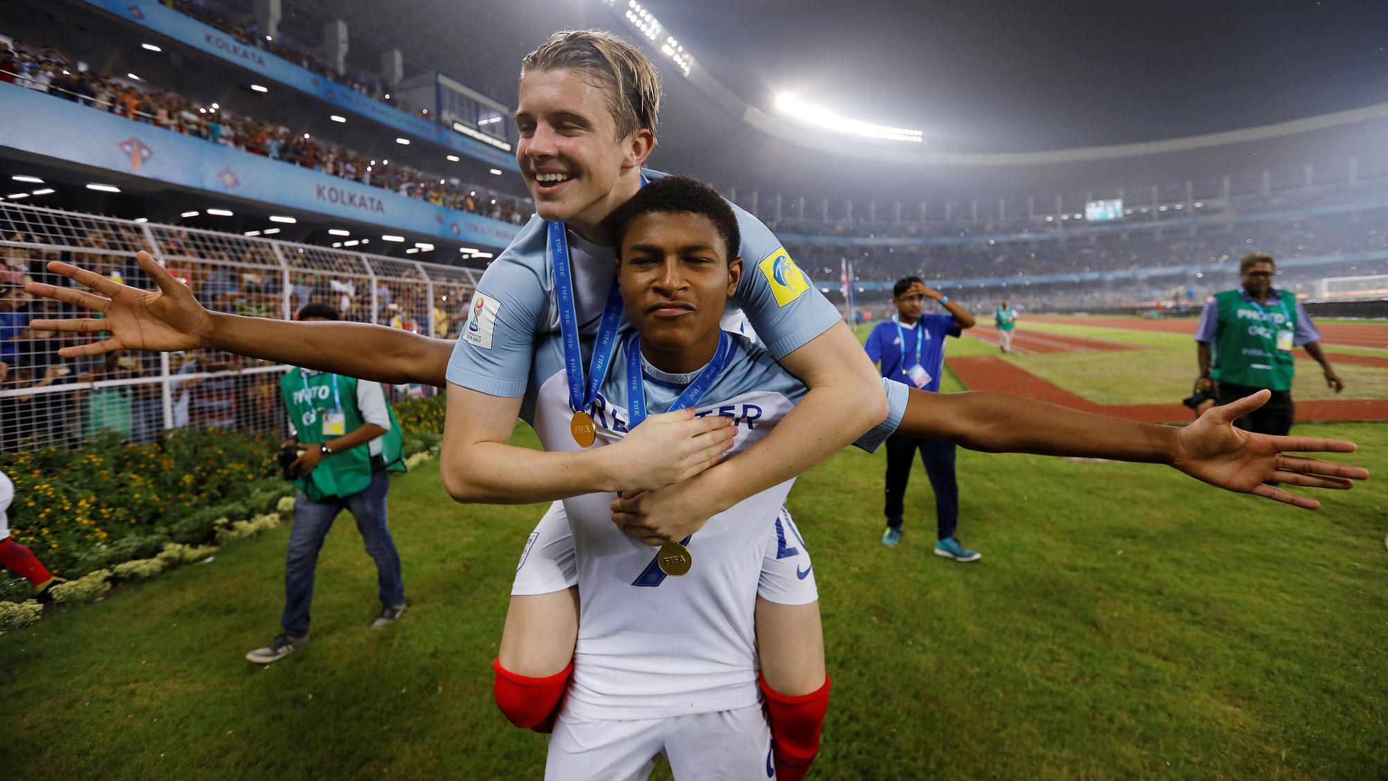 England’s Rhian Brewster and Conor Gallagher celebrate after their team won the 2017 FIFA U-17 World Cup.