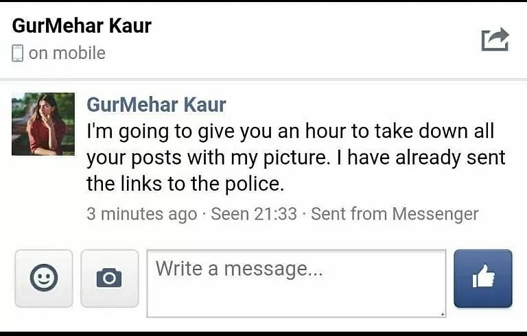 Gurmehar’s message to Squint Neon’s admin.