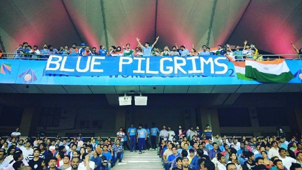 The ‘Blue Pilgrims’ watching the India vs Ghana&nbsp; match at FIFA U-17 World Cup, at JLN stadium in New Delhi. (Photo Courtesy: Twitter/<a href="https://www.facebook.com/indiabluepilgrims/#">@indiabluepilgrims</a>)