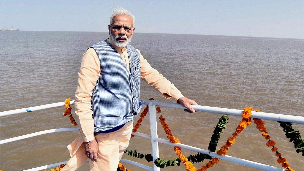 Prime Minister Narendra Modi on the maiden voyage of Ro-Ro Ferry Service between Ghogha and Dahej on 22 October.