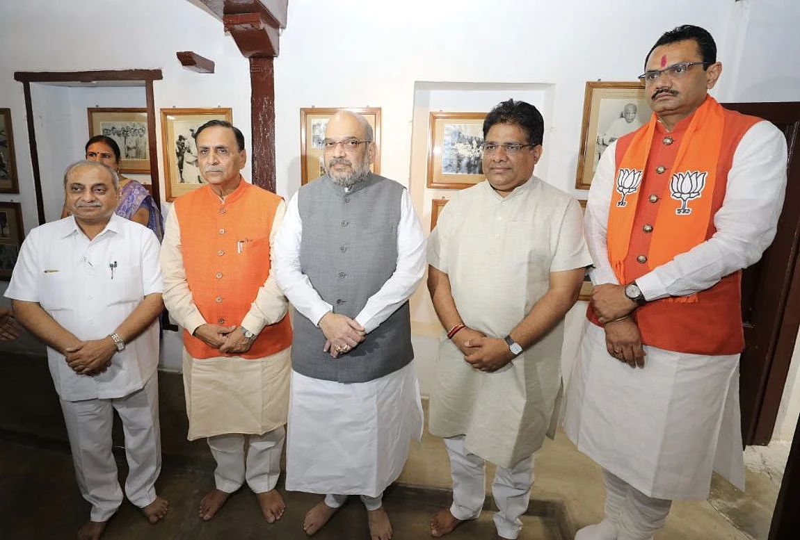 BJP President Amit Shah with party leaders in Gujarat. 