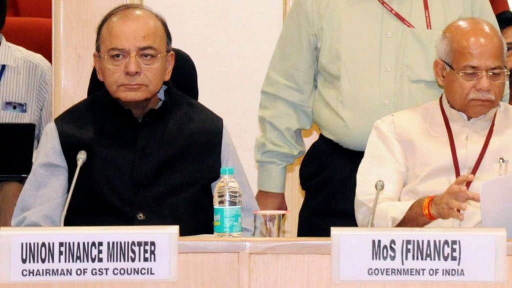 Finance Minister Arun Jaitley (left) chairing the 22nd meeting of the GST Council in New Delhi, on 6 October 2017.&nbsp;