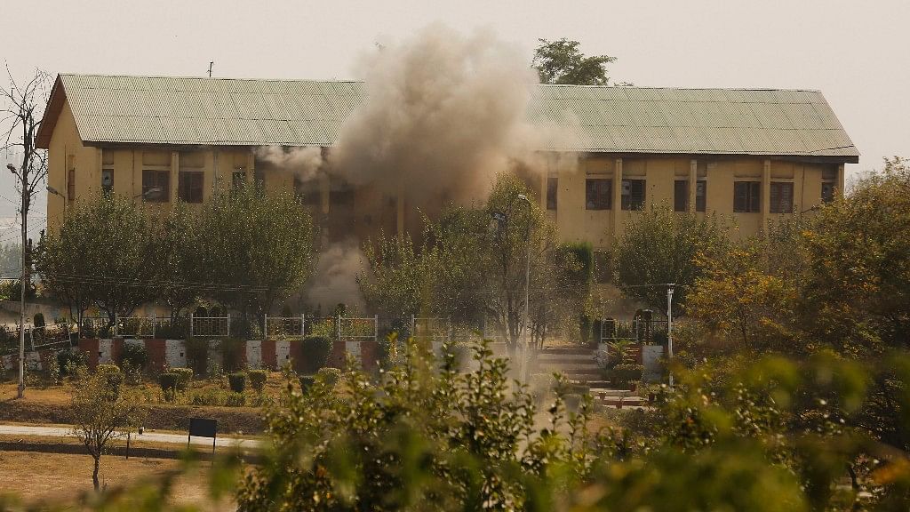 A blast in a building inside the BSF camp in Srinagar.&nbsp;