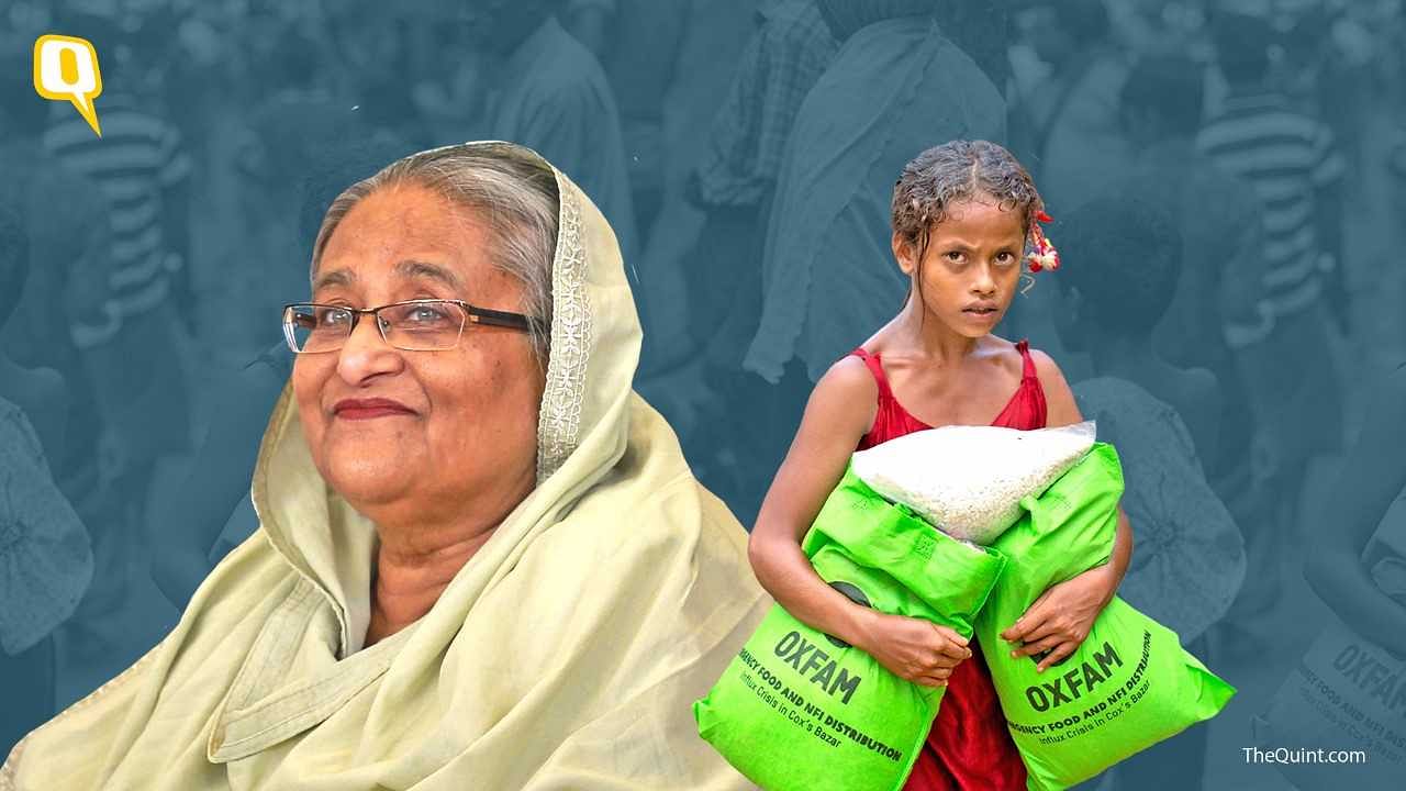 Bangladesh’s Prime Minister Sheikh Hasina (Left); A newly arrived Rohingya girl carries bags of food rations in Kutupalong, Bangladesh.&nbsp;