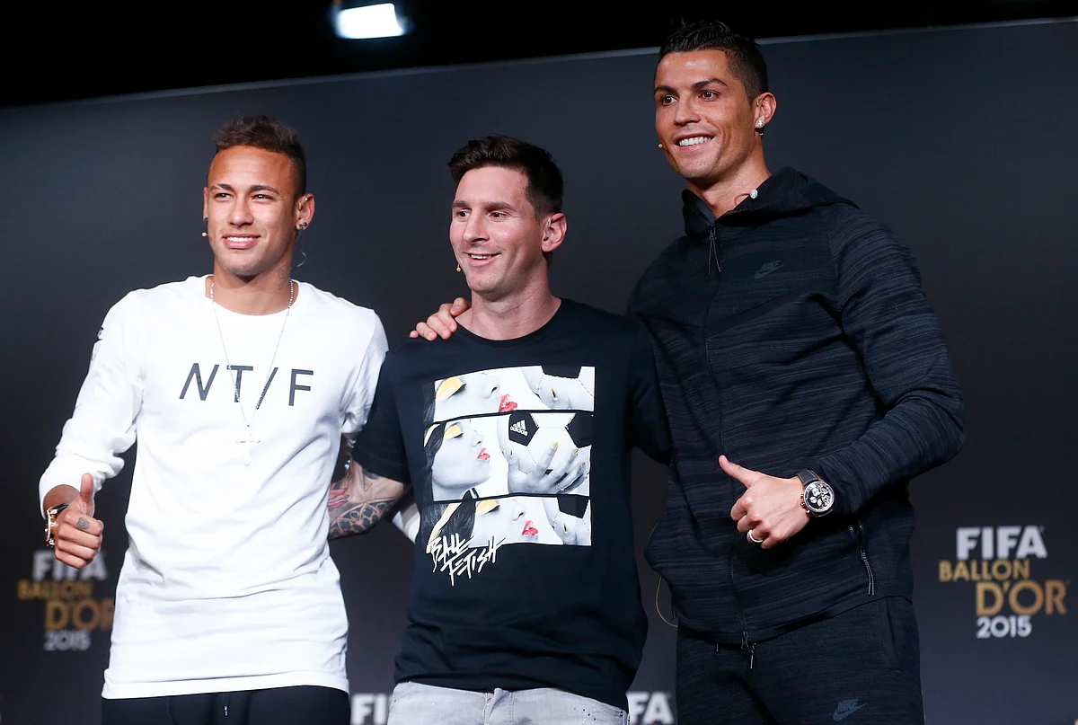 Neymar, Lionel Messi and Cristiano Ronaldo during an awards ceremony in 2015. 
