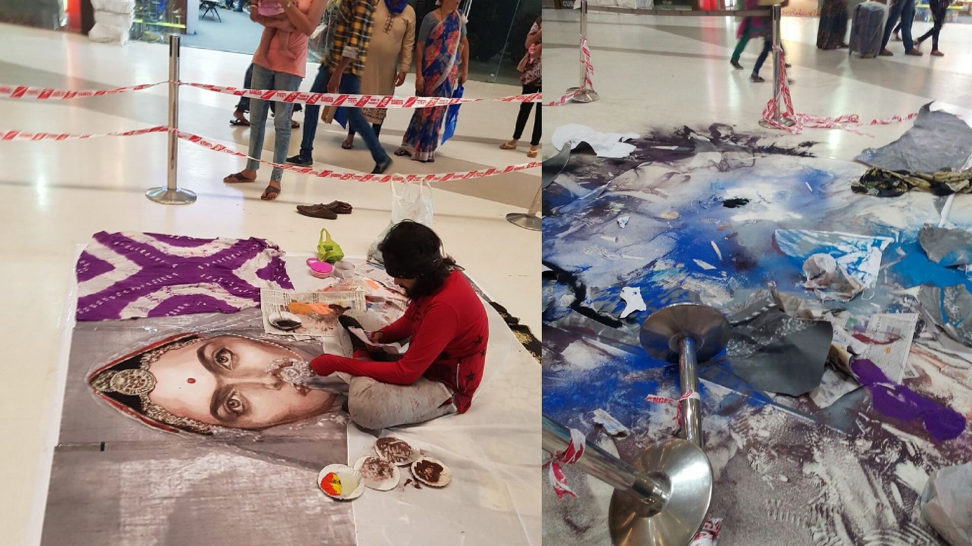 48 hours of work on this <i>Padmavati </i>rangoli reduced to nothing by a right wing mob. <i>(Photo Courtesy: Twitter)</i>
