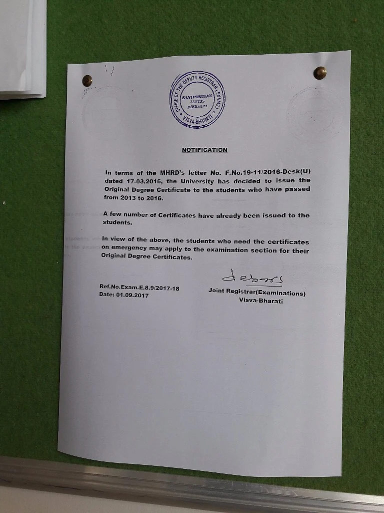 Notice at the Visva Bharati University informing about the distribution of degrees.