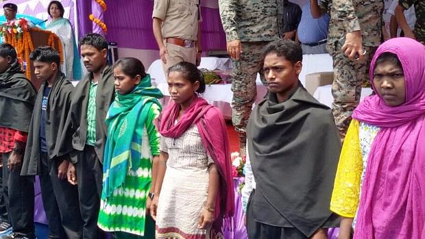 Ten Maoists surrender before police officials in Lohardaga, Jharkhand, in April 2017. The Maoist movement is suffering a setback, top leadership of Communist Party of India (Maoist) concluded in a February 2017 meeting.