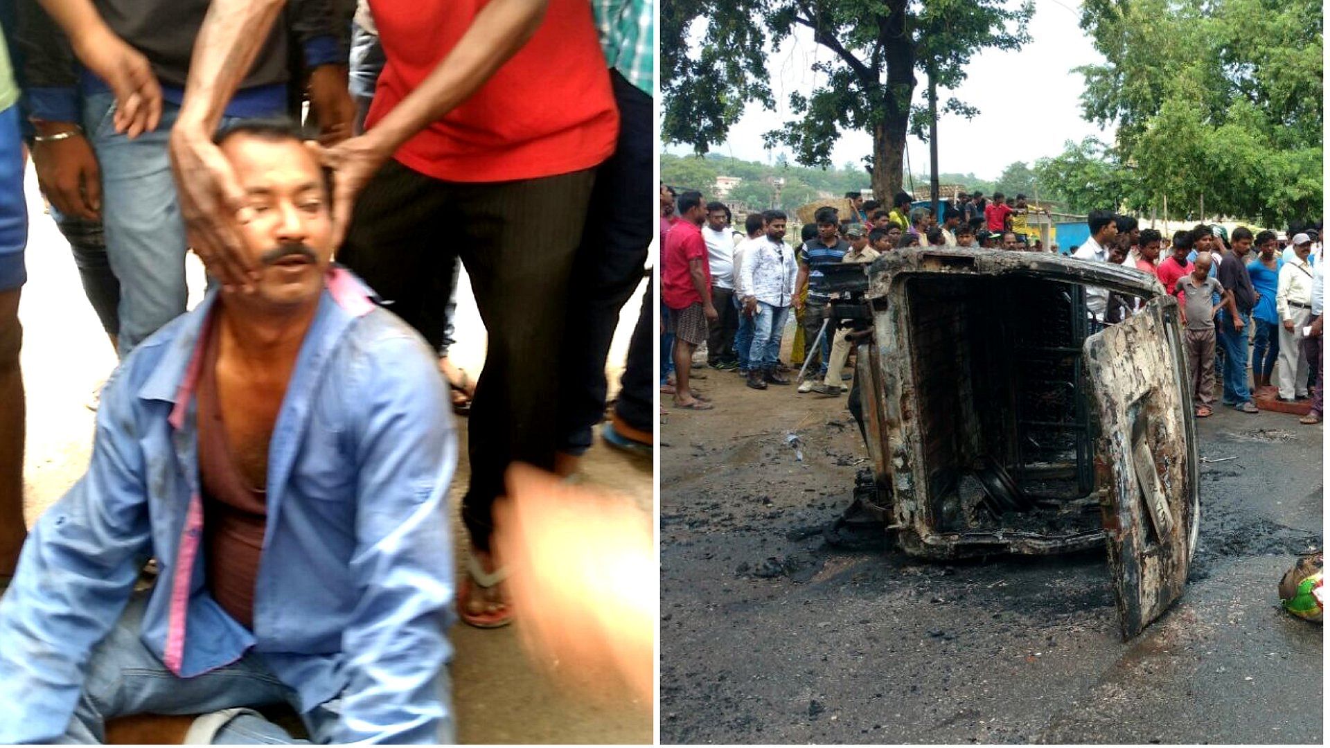 Alimuddin Ansari was made to pose for photos while he was being beaten. On the right is the Maruti van that was burnt on 29 June 2017.