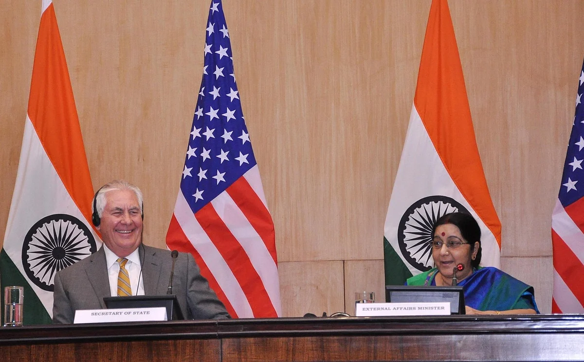 External Affairs Minister Sushma Swaraj and US Secretary of State Rex Tillerson during a joint press conference in New Delhi on 25 October 2017.