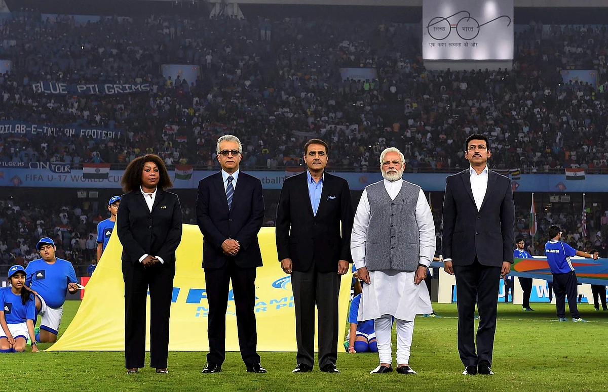 FIFA Secetrary General Fatma Samba Diouf Samoura, Asian Football Confederation President Shaikh Salman Ebrahim Al Khalifa, All India Football Federation chief Praful Patel, Prime Minister Narendra Modi and Sports Minister Rajyavardhan Rathore.
