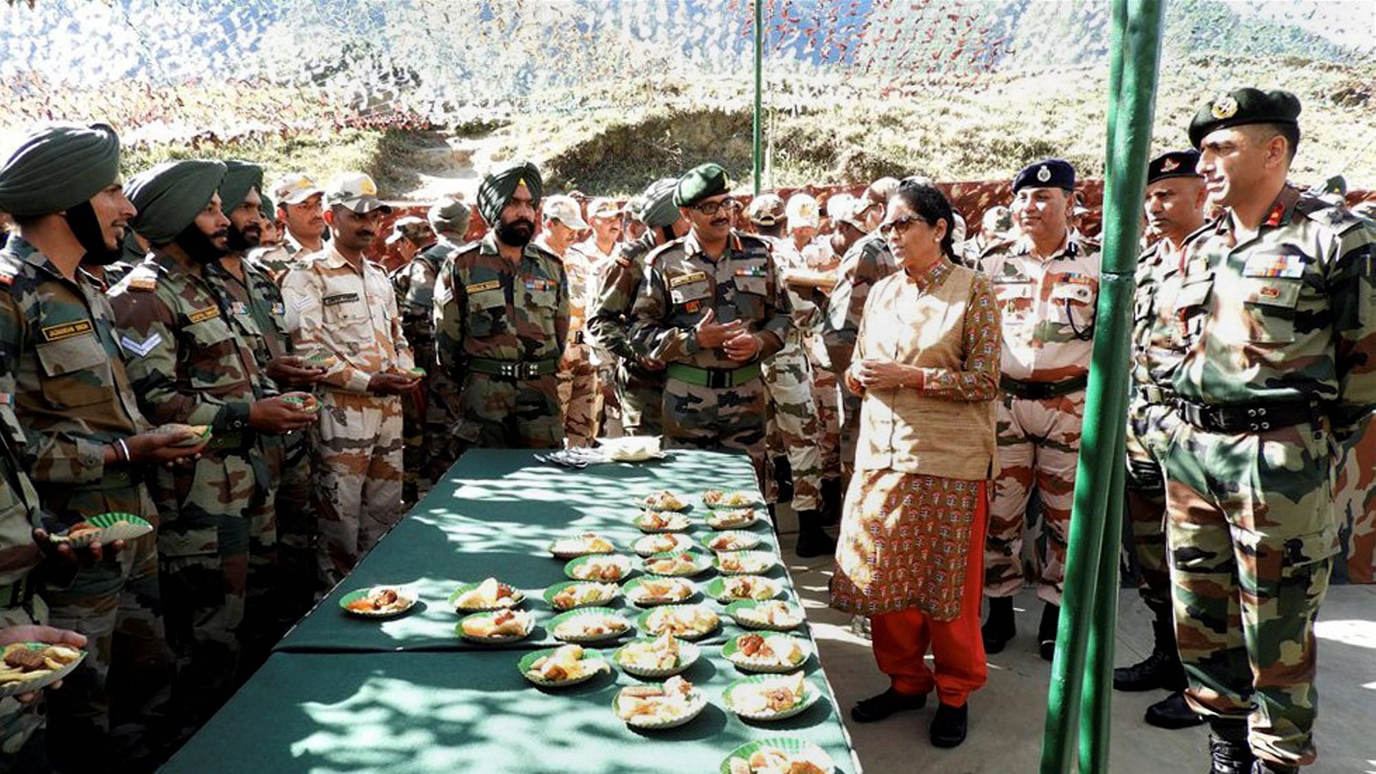Defence Minister Nirmala Sitharaman interacting with the officers and jawans at Kibithu, Arunachal Pradesh on Sunday.&nbsp;