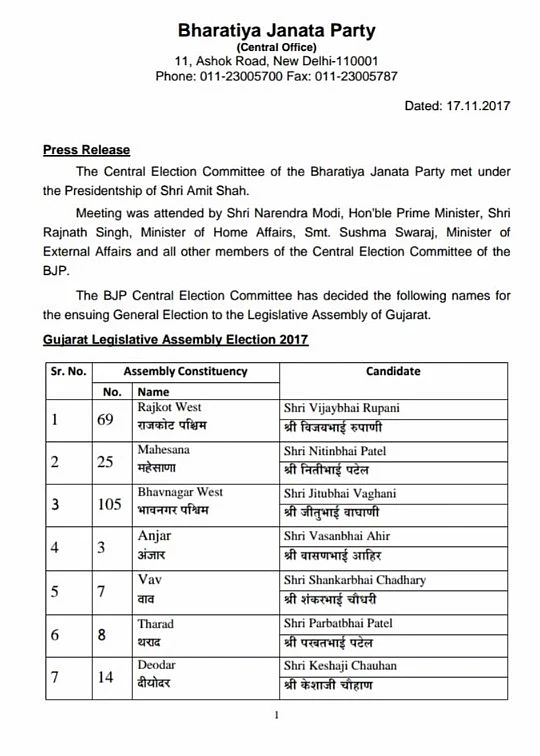 BJP Issues First List of Candidates For Gujarat Assembly Elections