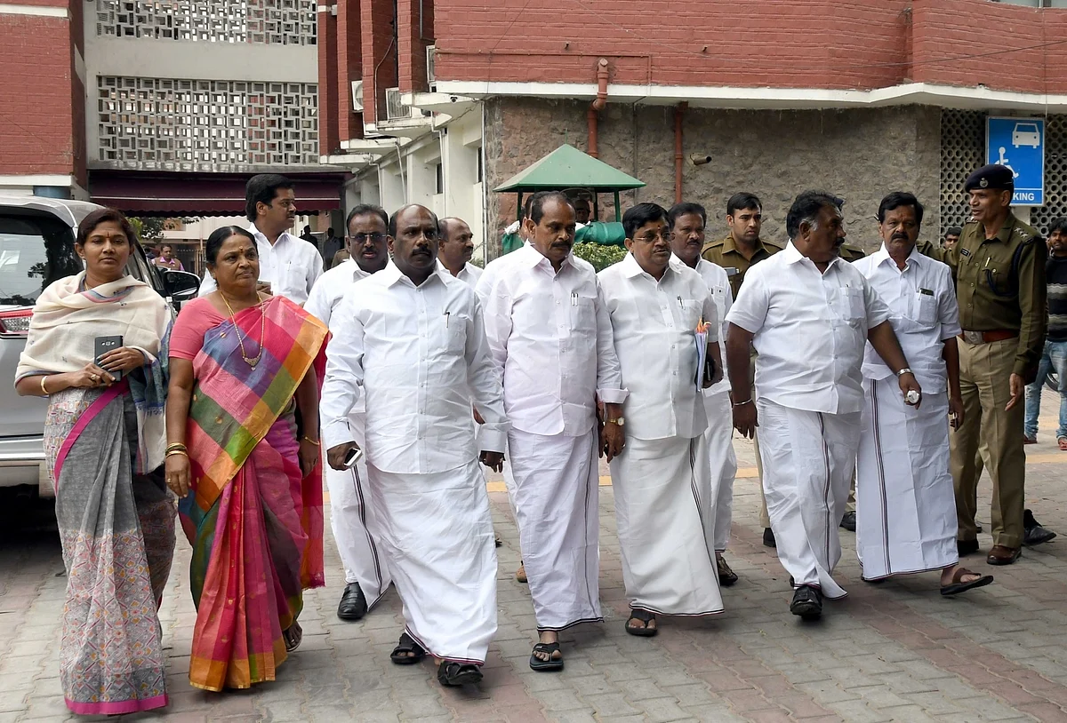 A delegation of AIADMK MPs led by Dr V Maitreyan comes out of the Election Commission in New Delhi, on 16 February 2017.