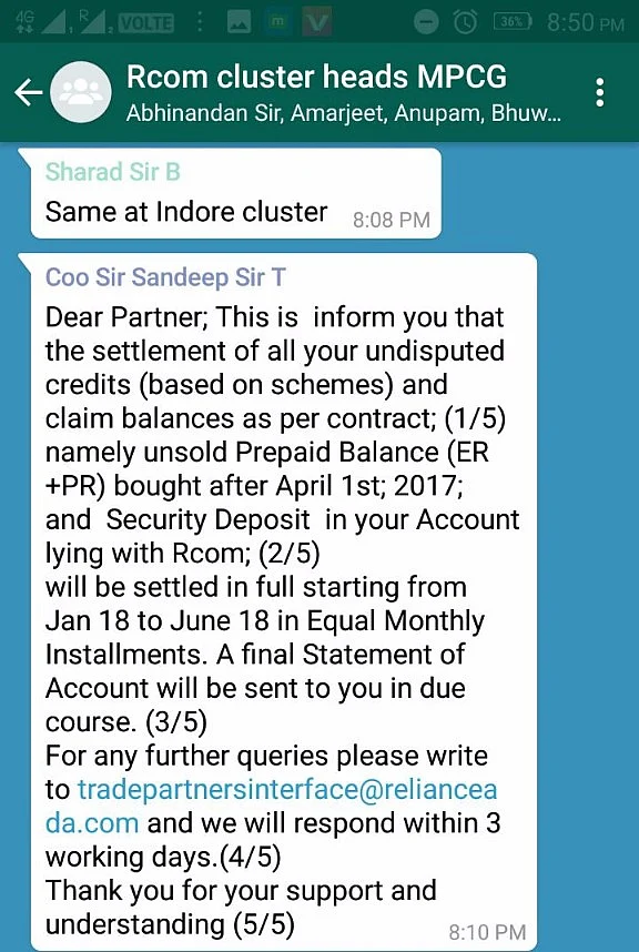 Message sent to all distributors on 13 November by RCom. 