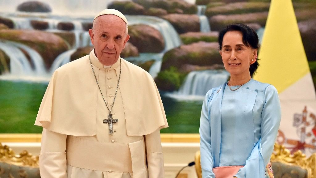 Pope Francis meets with Myanmar’s leader Aung San Suu Kyi, in Naypyitaw, Myanmar.