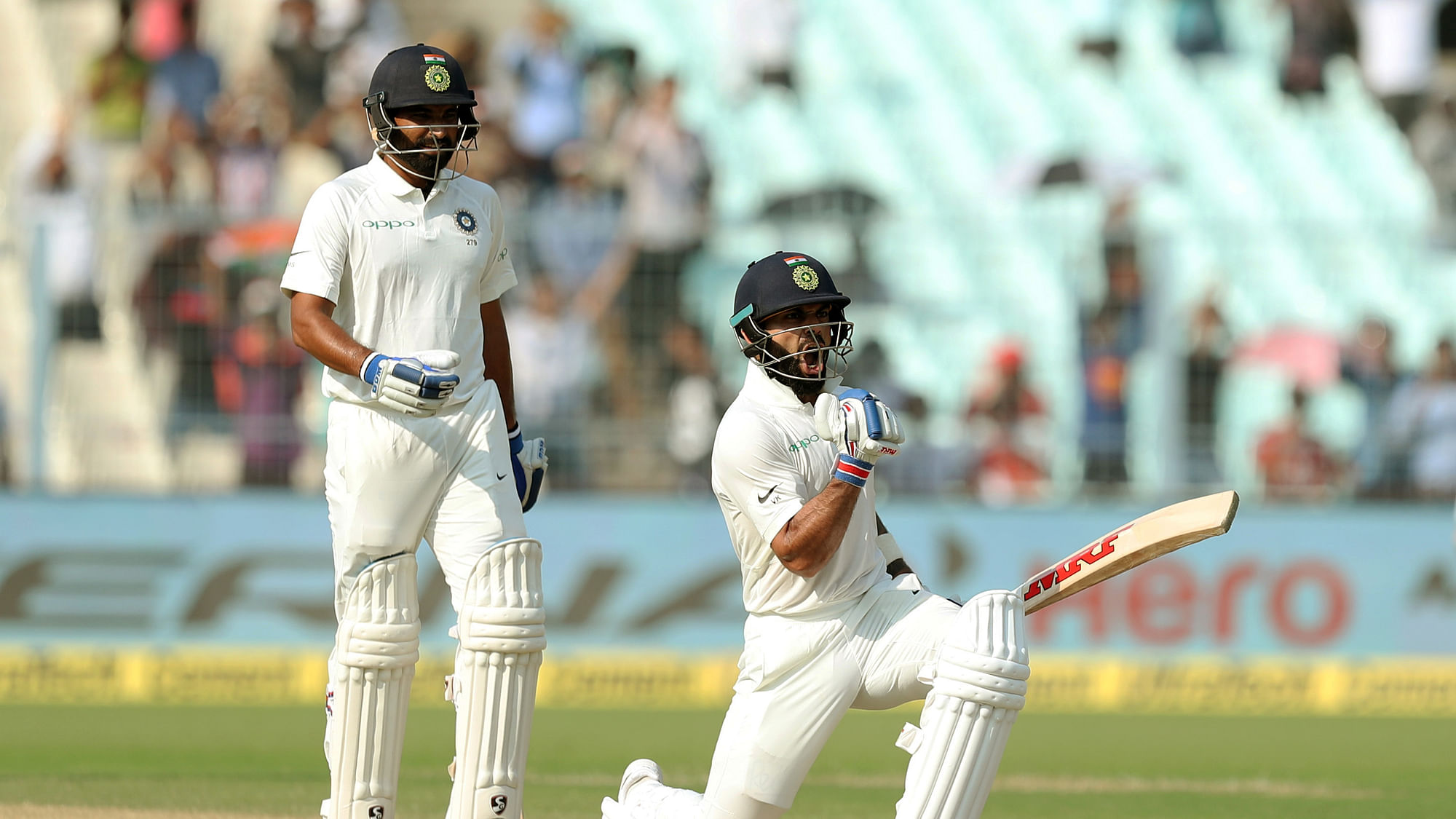 Virat Kohli celebrates after scoring a century on Day 5 of Kolkata Test vs Sri Lanka.&nbsp;