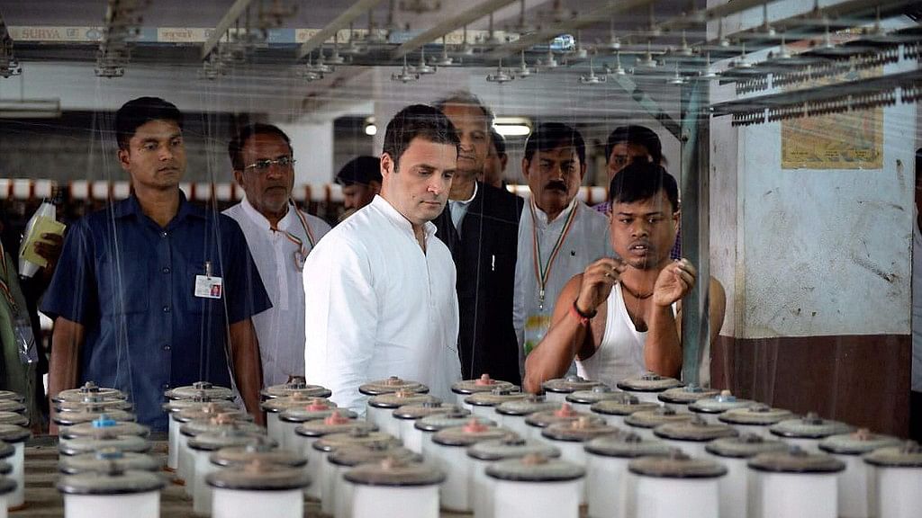 Congress vice-president Rahul Gandhi during his visit to a textiles factory in Surat