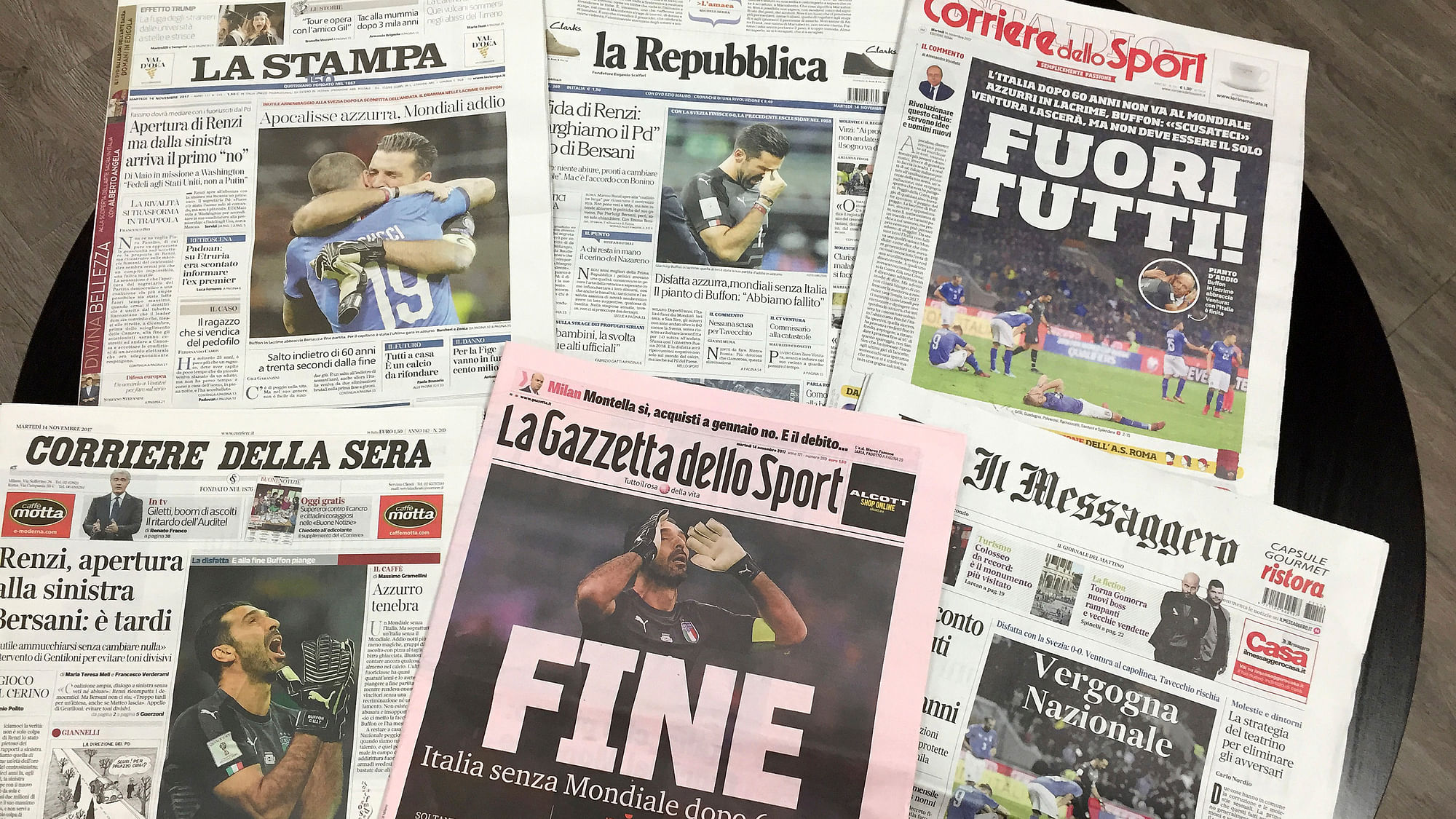 Italian newspapers headline Italy’s failure to qualify for the World Cup a day after a scoreless draw between Italy and Sweden in a qualifying playoff on a 1-0 aggregate, in Rome, Tuesday, Nov. 14, 2017.&nbsp;