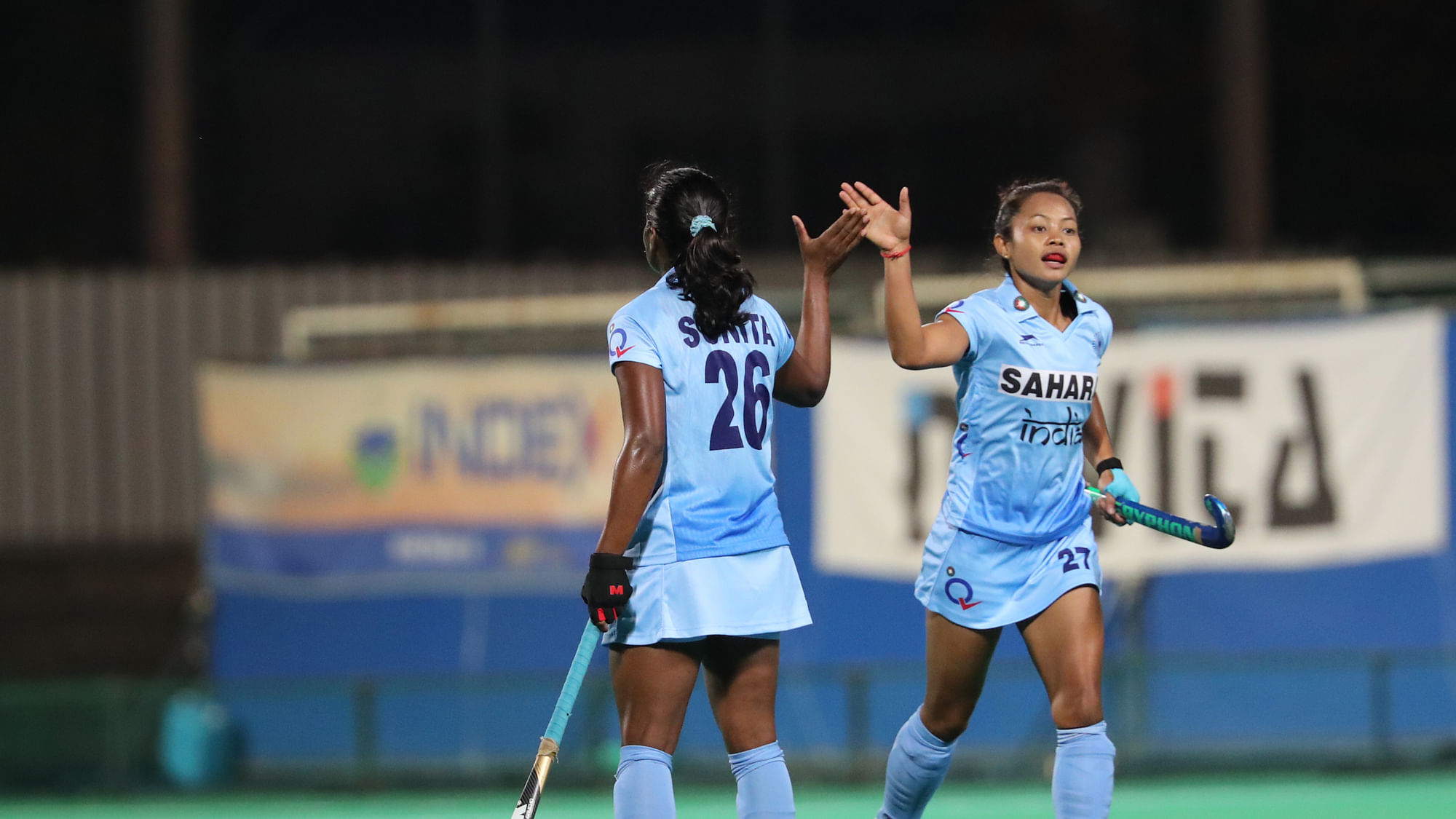 Sushila Chanu and Sunita celebrate a goal during the Asia Cup match.&nbsp;