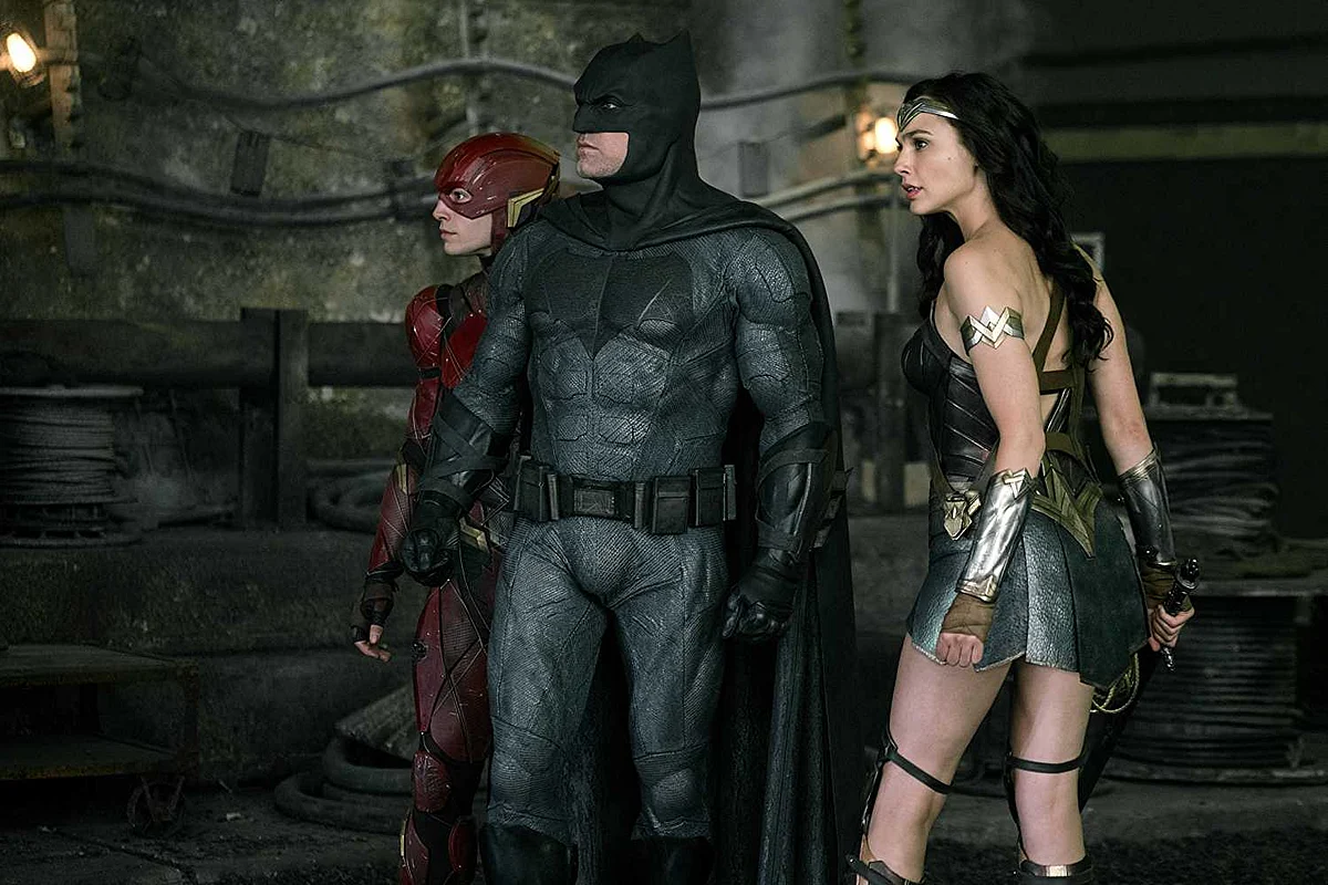 Ezra Miller as Flash, Ben Affleck as Batman and Gal Gadot as Wonder Woman in <i>Justice League</i>