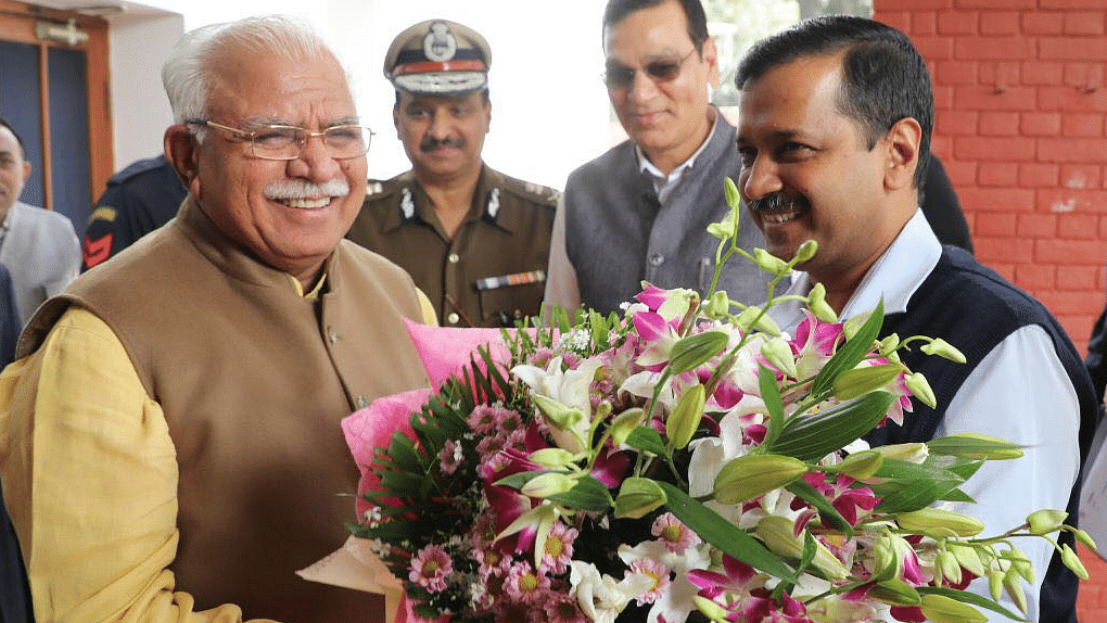 Haryana Chief Minister ML Khattar with Delhi Chief Minister Arvind Kejriwal.