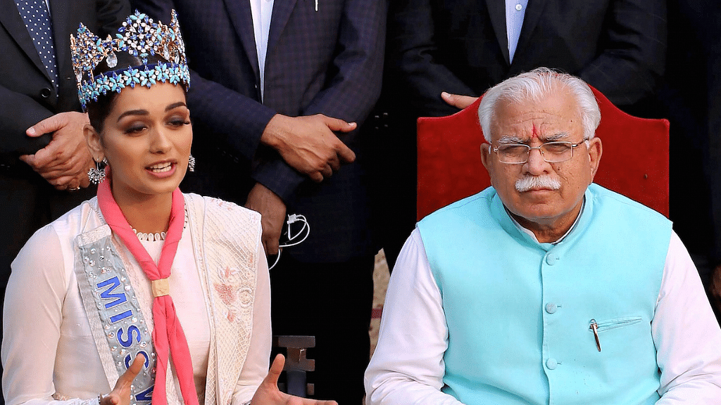 Haryana Chief Minister Manohar Lal Khattar with Miss World Manushi Chhillar.