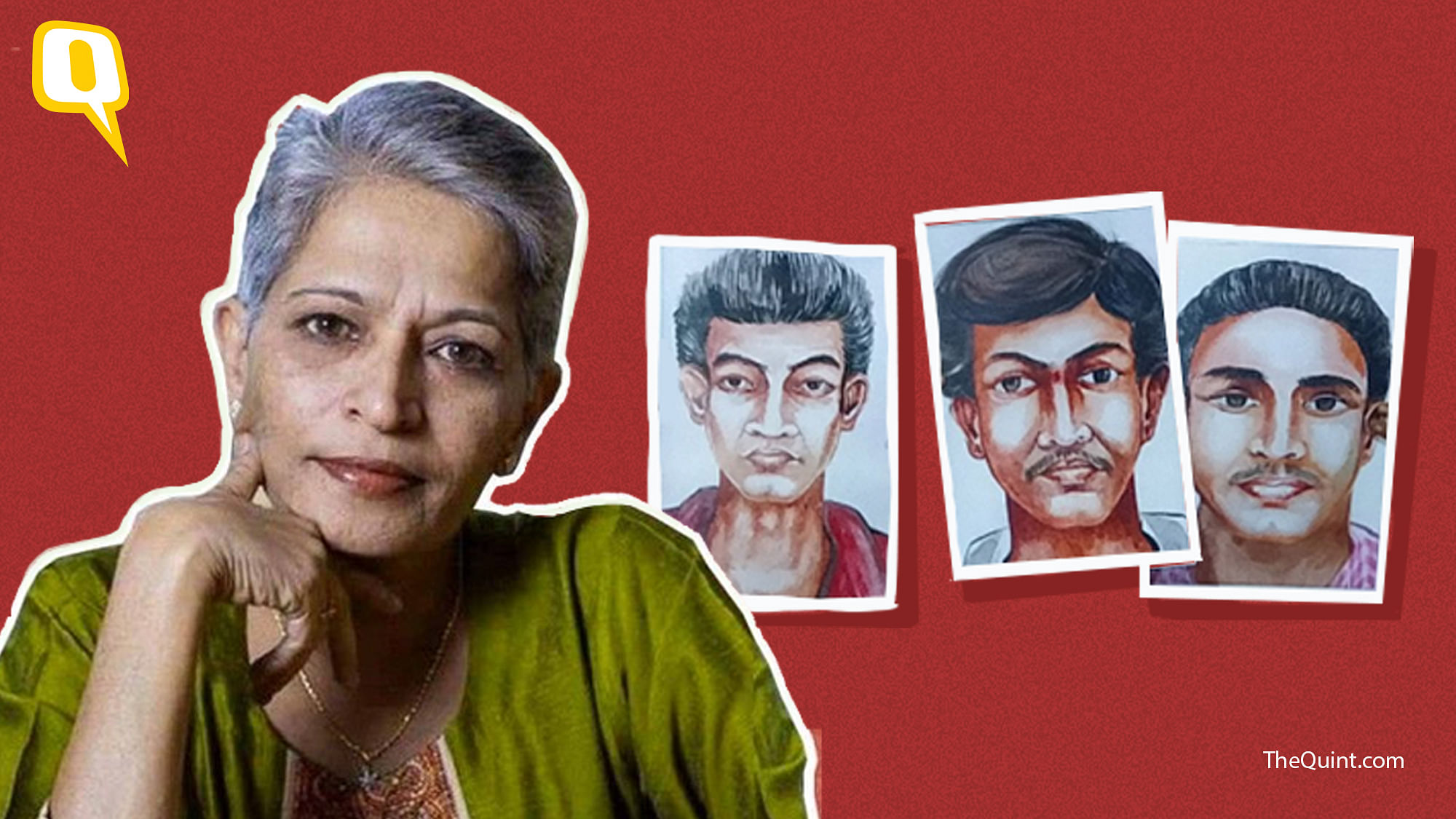 Gauri Lankesh and sketches of the killers released by the SIT.&nbsp;