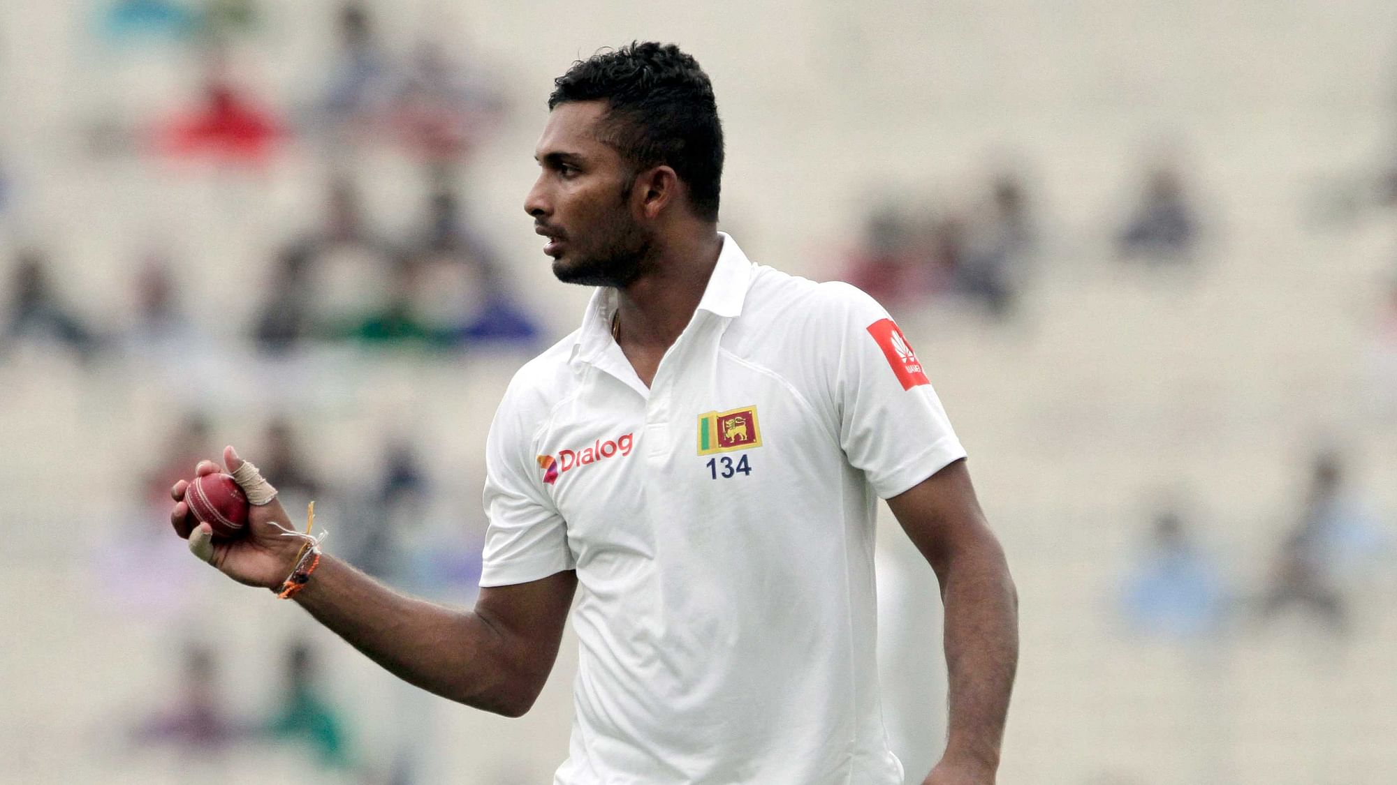 Sri Lanka’s Dasun Shanaka prepares to bowl his next delivery during the second day of their first test cricket match against India in Kolkata