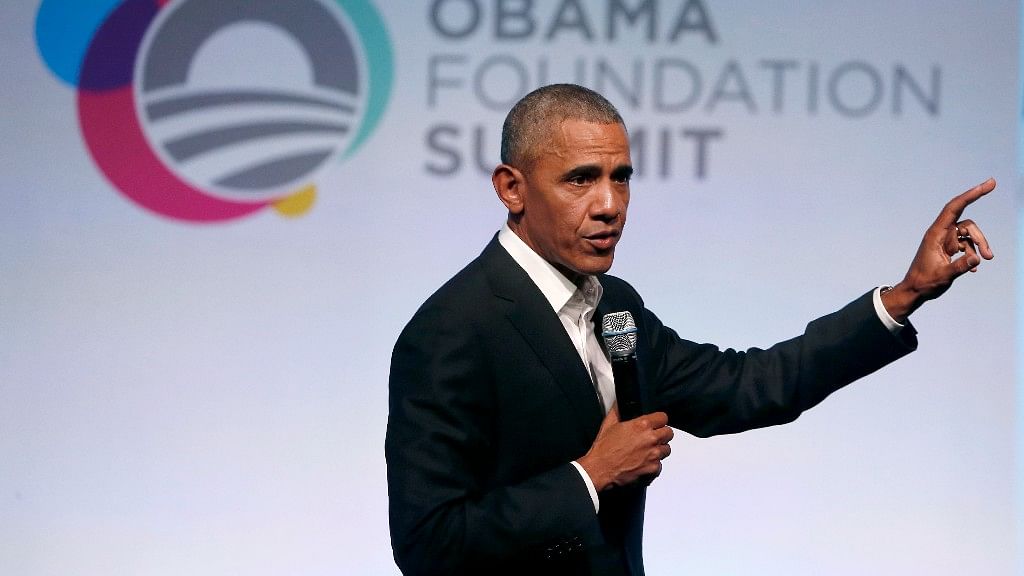  Barack Obama addresses a crowd at Obama Foundation Summit, in Chicago.<a></a>