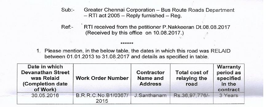 The RTI states Santhanam was issued the contract to relay Devanathan street.