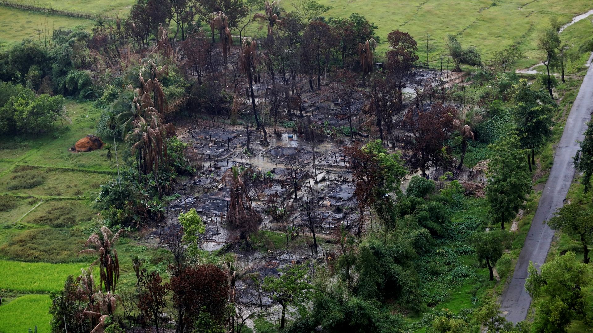 Aerial view of a burned village in Myanmar.