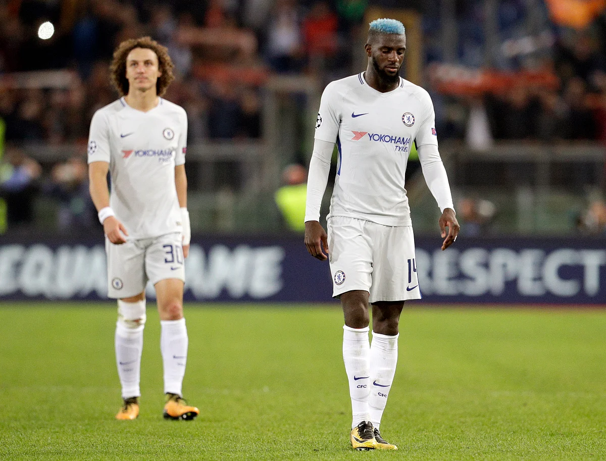 Chelsea’s Tiemoue Bakayoko, right, and David Luzi walk off the pitch at the end of the Champions League match against Roma.