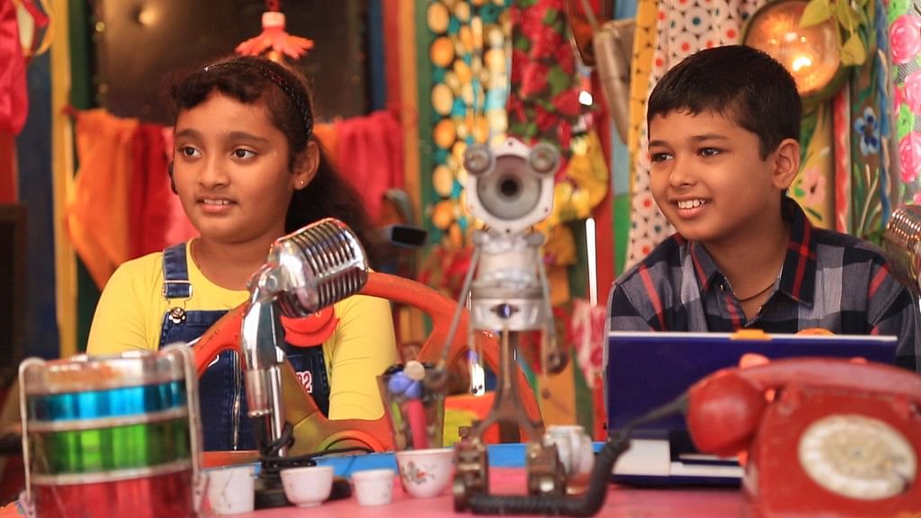 Ten-year-old Dheeraj and 12-year-old Valeska get set to anchor the bulletins for Children’s Scrappy News Service.