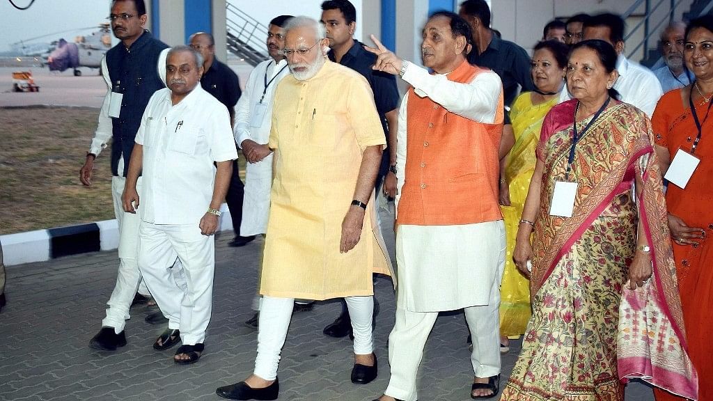 Prime Minister Narendra Modi&nbsp; with Chief Minister of Gujarat Vijay Rupani at Surat Airport .&nbsp;