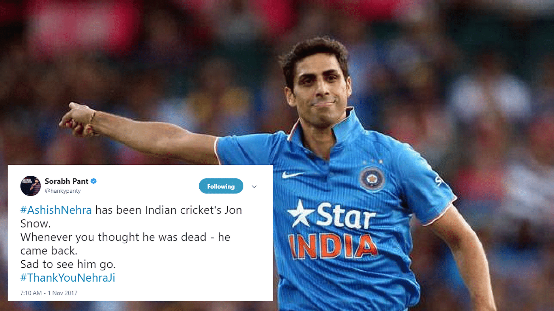 Bowled over by Nehra’s candid goodbye, the rest of Twitter could not help but honour the fast bowling legend.