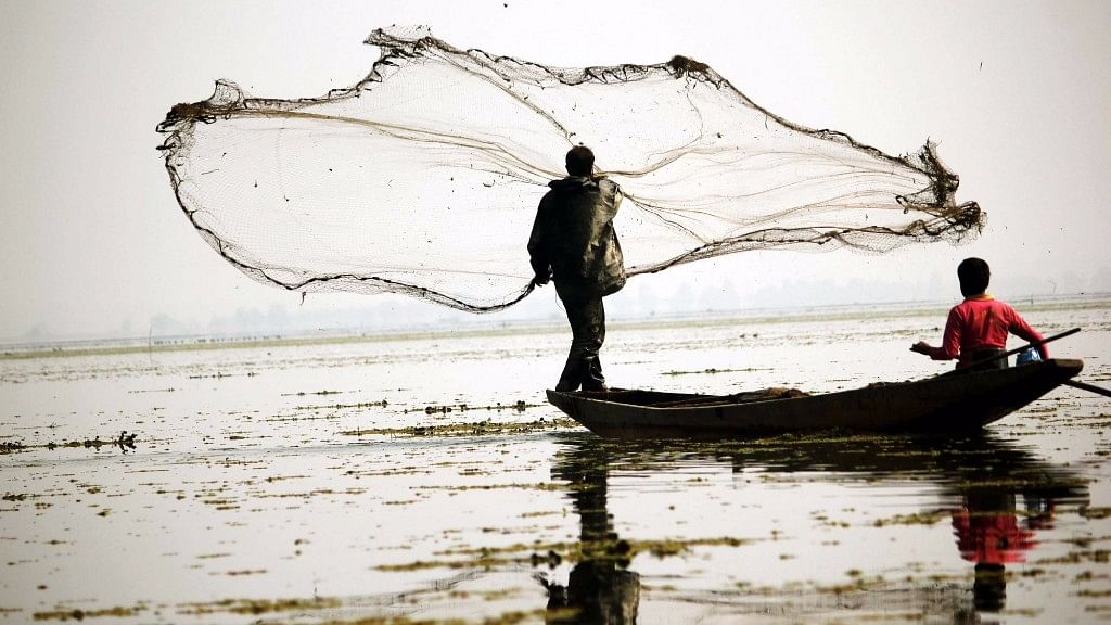 A fisherman casts his net in a freshwater lake in Bandipora district of Jammu and Kashmir.