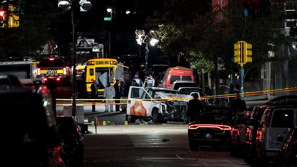 Police vehicles at the site of the Manhattan attack.