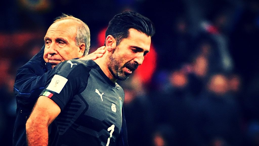 Italy coach Gian Piero Ventura, left, consoles Gianluigi Buffon at the end of the World Cup qualifying play-off return leg soccer match between Italy and Sweden, at the San Siro stadium in Milan, Italy, Monday, Nov. 13, 2017.