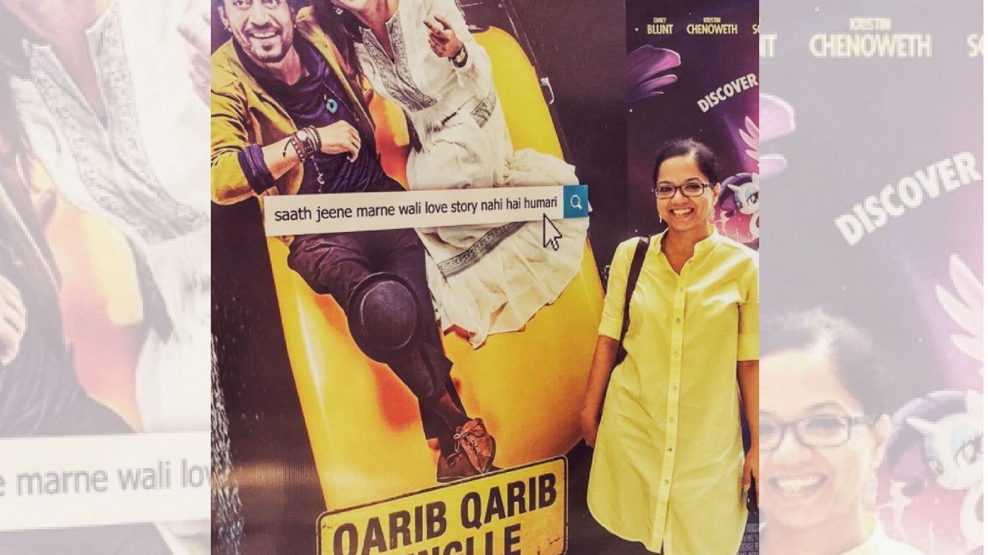 Tanuja Chandra strikes a pose against the poster of her upcoming film, <i>Qarib Qarib Singlle.</i>